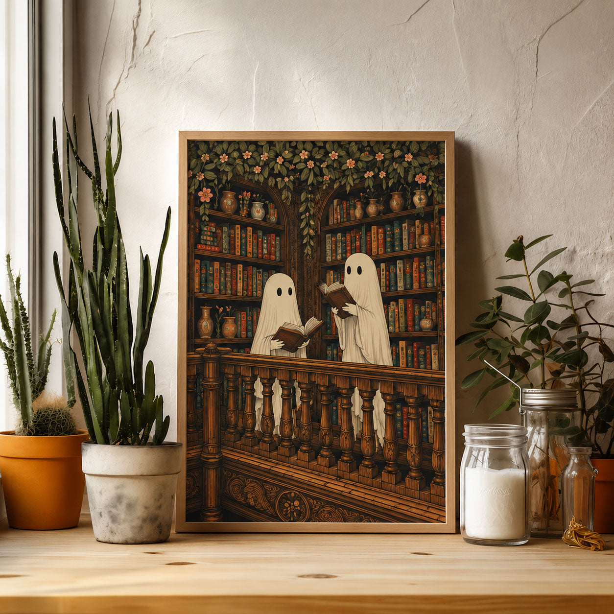 Two cute ghosts in a library print, romantic dark academia, moody cottagecore spooky decor